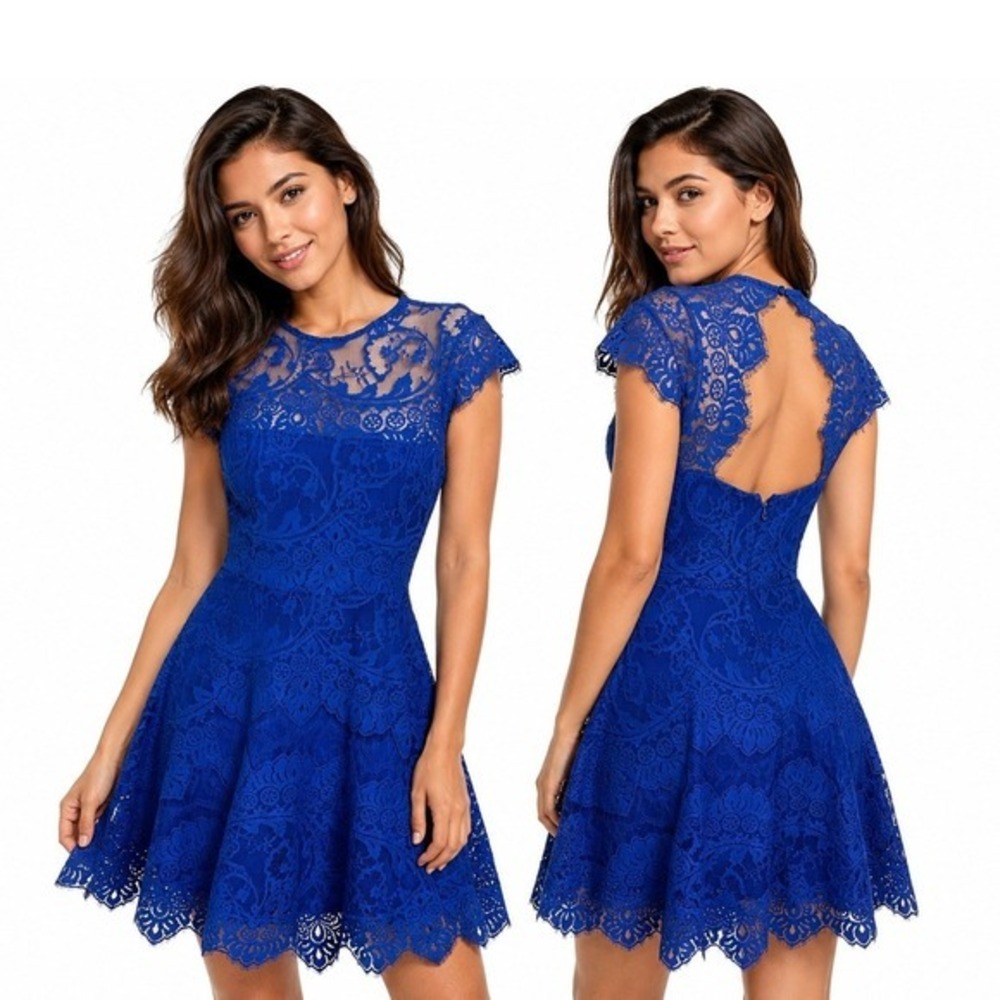 BB Dakota Dress 0 Royal Blue Fit & Flare Mini Cap Sleeve Floral Elegant HOCO